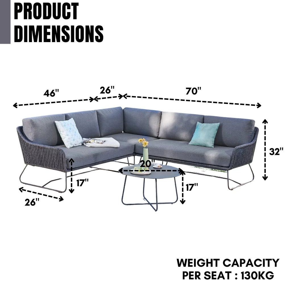 VIRASAT FURNITURE L-SHAPE OUTDOOR ROPE SOFA SET 6-SEATER WITH CENTER TABLE (GREY)