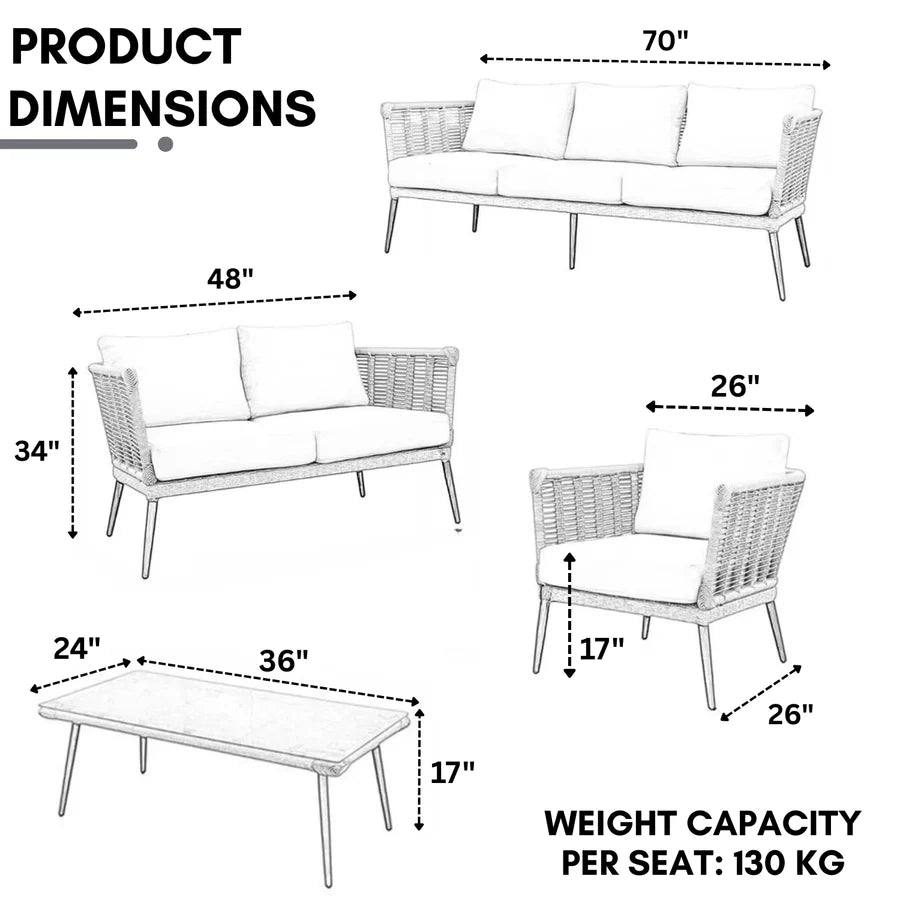 VIRASAT FURNITURE OUTDOOR GREY ROPE SOFA SET 7-SEATER WITH GLASS TOP CENTER TABLE
