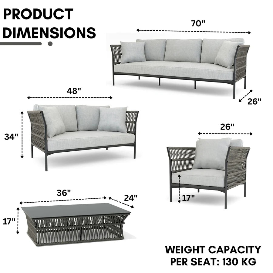 VIRASAT FURNITURE OUTDOOR ROPE SOFA SET 7-SEATER WITH GLASS TOP CENTER TABLE (GREY/BEIGE)
