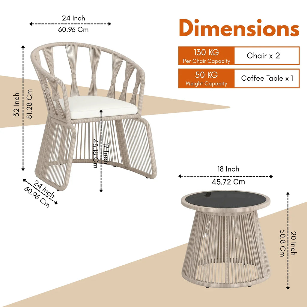 VIRASAT FURNITURE Outdoor Rope 3-Piece Patio Set (Beige & Off-White)