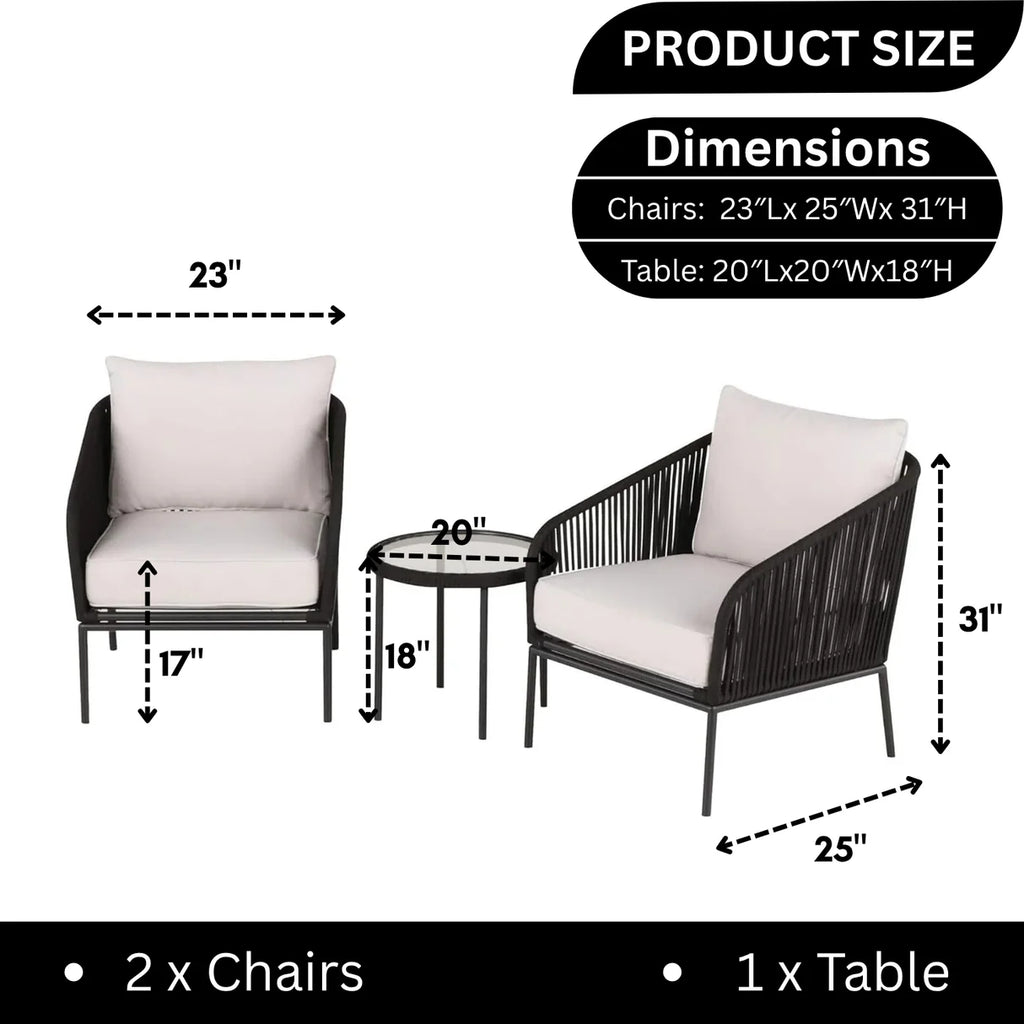 VIRASAT FURNITURE 3 Piece Outdoor Rope Bistro Set (Black & White)