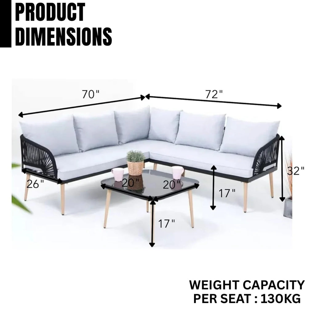 VIRASAT FURNITURE L-SHAPE OUTDOOR ROPE SOFA SET 6-SEATER WITH CENTER TABLE (GREY)