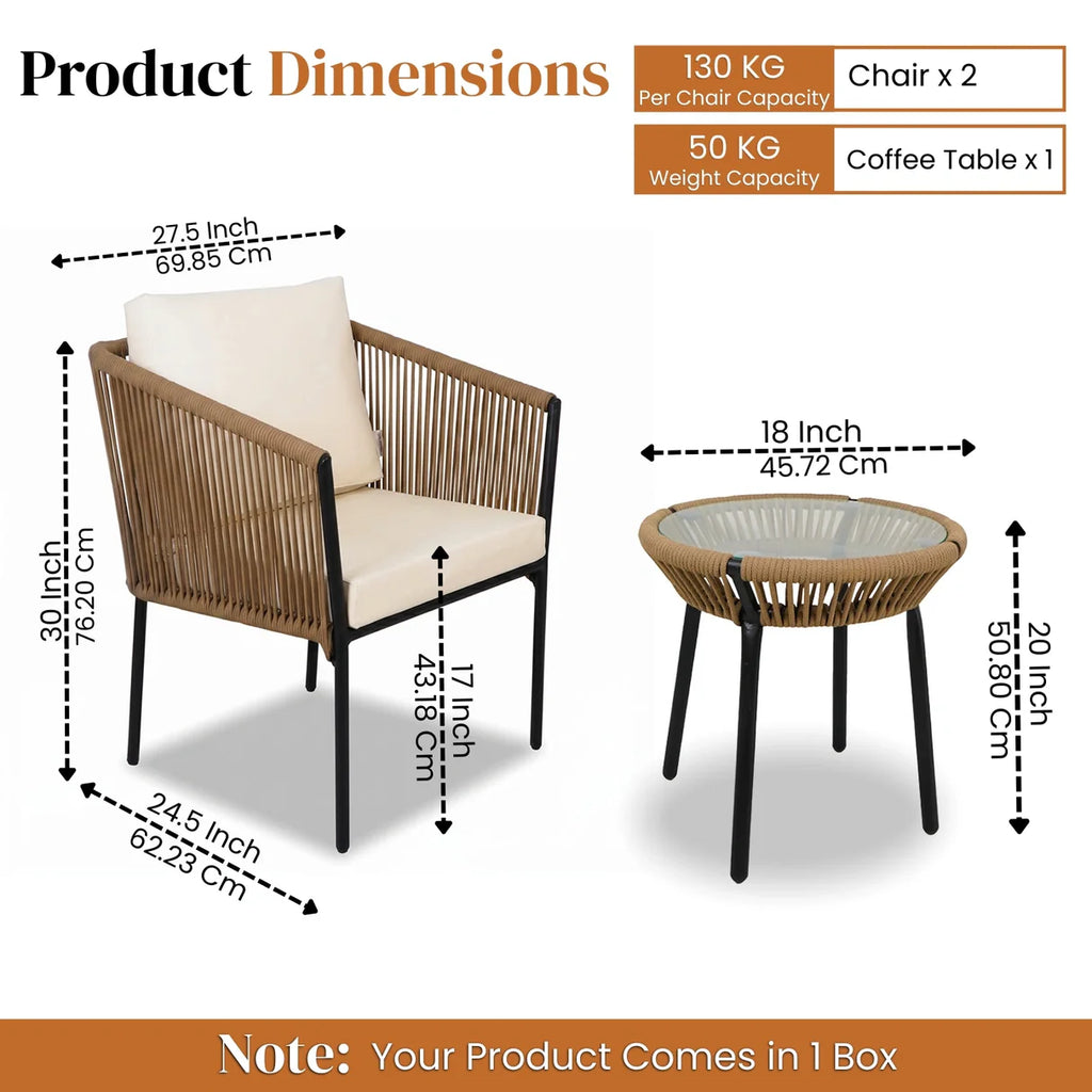 VIRASAT FURNITURE OUTDOOR ROPE PATIO SET WITH GLASS TOP TABLE (BEIGE & OFF-WHITE)
