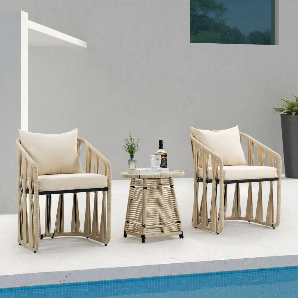 VIRASAT FURNITURE VARQO OUTDOOR PATIO SEATING SET 2 CHAIRS AND 1 TABLE SET (CREAM) BRAIDED & ROPE