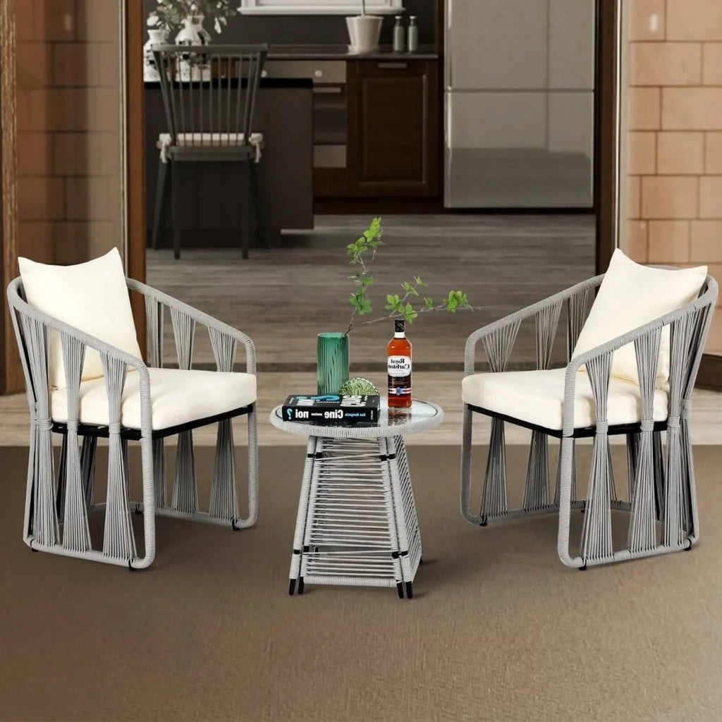VIRASAT FURNITURE Outdoor Rope 3-Piece Patio Set (Grey & Cream)
