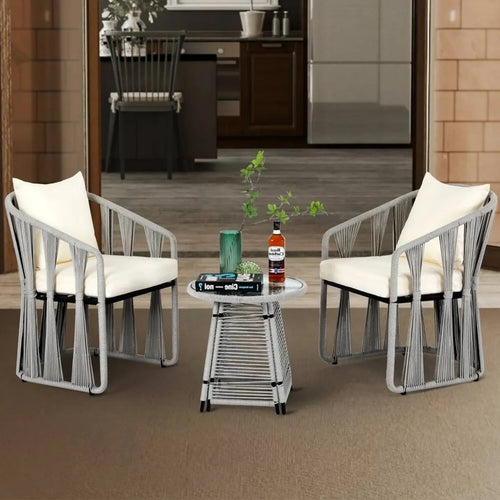 VIRASAT FURNITURE Outdoor Rope 3-Piece Patio Set (Grey & Cream)
