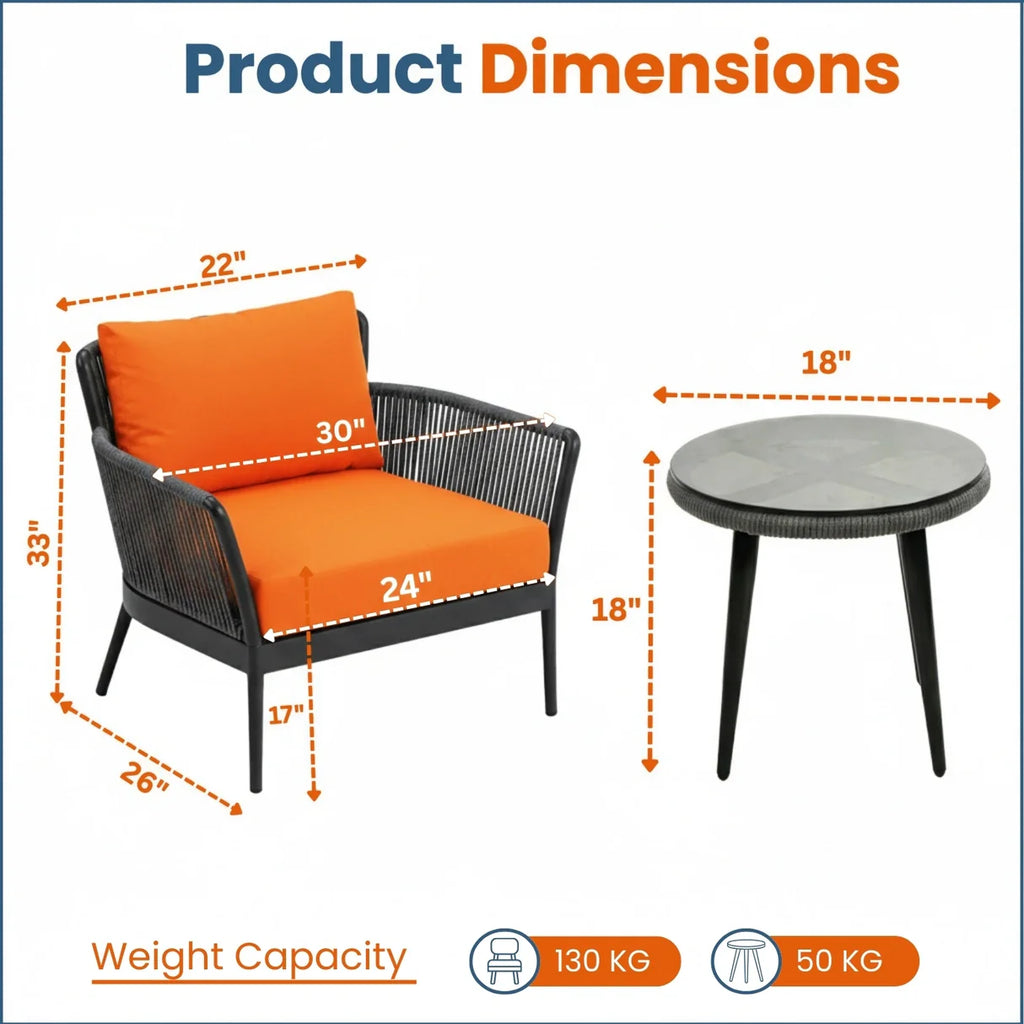 VIRASAT FURNITURE Outdoor 3-Piece All-Weather Rope Patio Set with Orange Cushions & Center Table