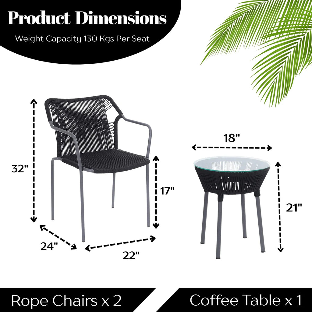 VIRASAT FURNITURE 3-Piece Outdoor Grey Rope Patio Set with Cushions & Center Table