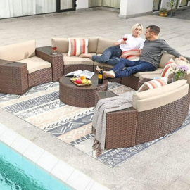 Virasat 8 Seater Half-Moon Outdoor Sofa Set | Rattan Wicker Patio Furniture India | Beige Cushion Garden Sofa – Free All India Delivery