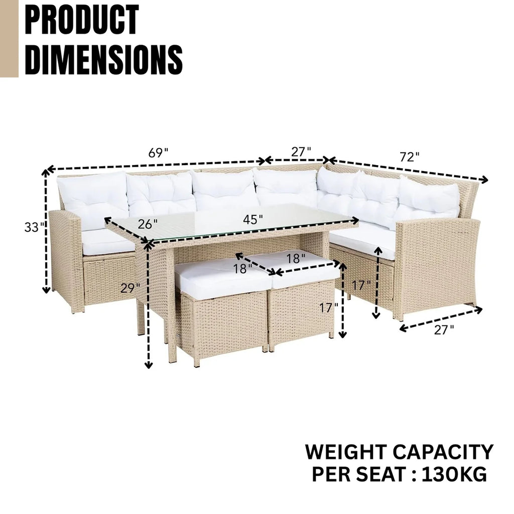 VIRASAT FURNITURE 8 SEATER L-SHAPE OUTDOOR WICKER SOFA SET 5-PIECE (BEIGE & WHITE)