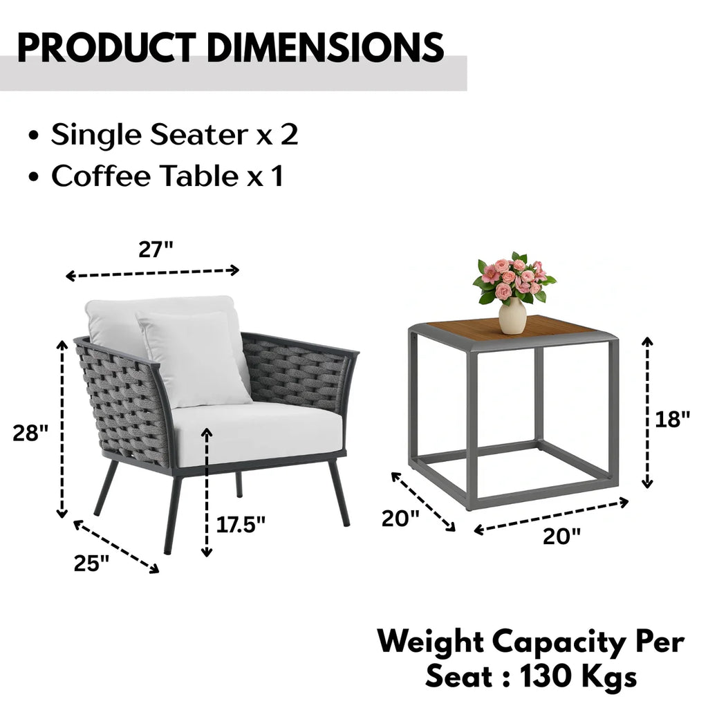 VIRASAT FURNITURE Outdoor Rope 3-Piece Patio Set With Wooden Top Table