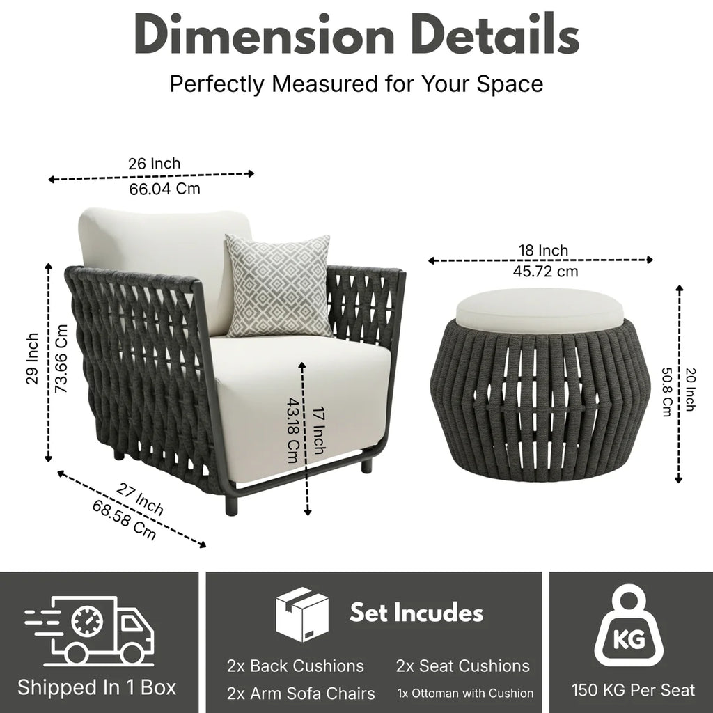 VIRASAT FURNITURE Outdoor Rope 3-Piece Patio Sofa Set (Grey & Off-White)