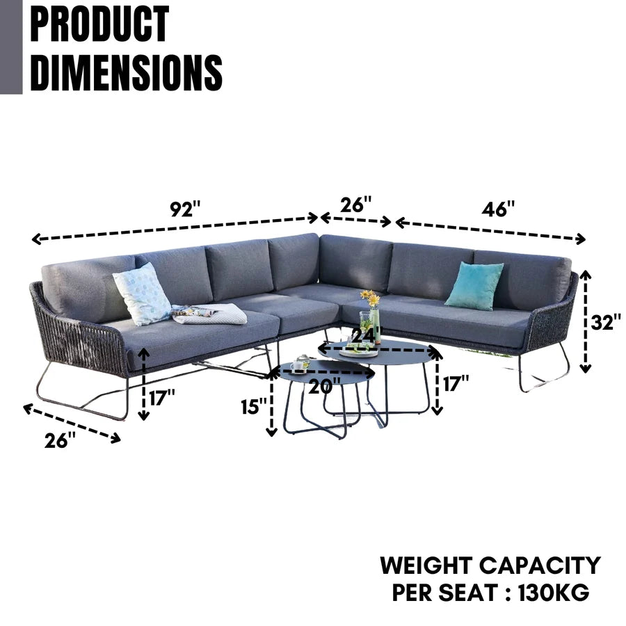 VIRASAT FURNITURE 6-SEATER L-SHAPE OUTDOOR ROPE SOFA SET (GREY)