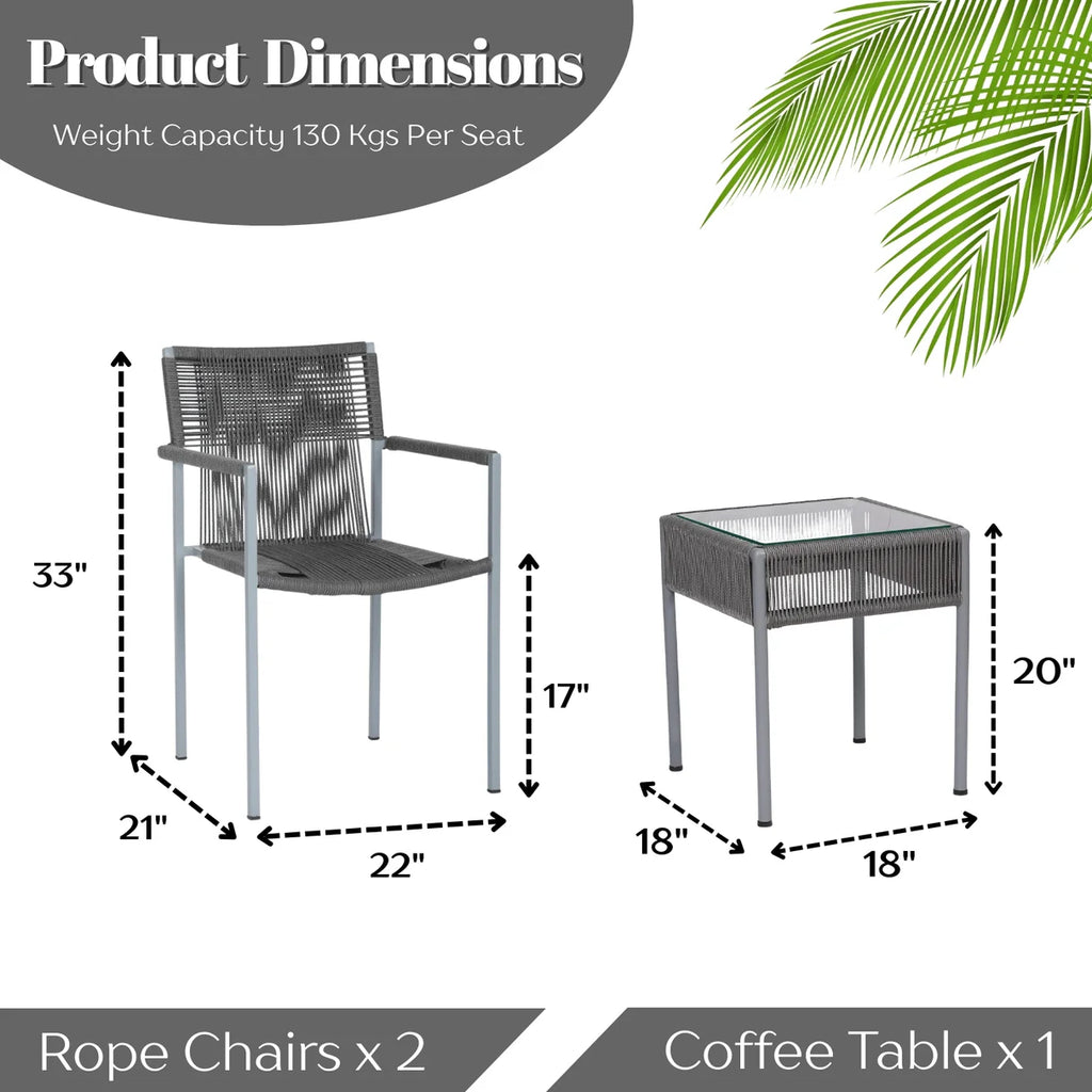 VIRASAT FURNITURE Outdoor Rope 3-Piece Patio Set (Grey)