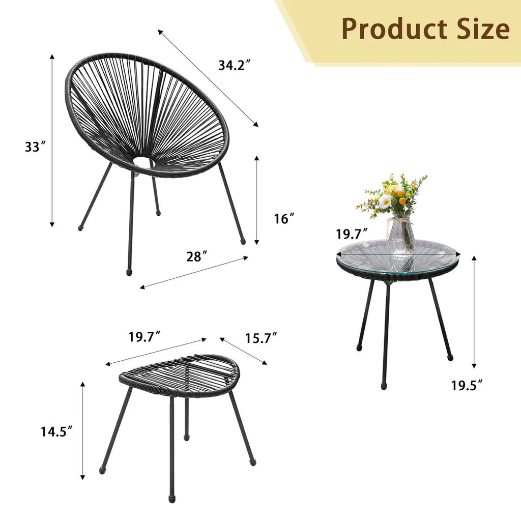 VIRASAT FURNITURE LUNG OUTDOOR PATIO SEATING SET 2 CHAIRS AND 1 TABLE SET (BLACK)