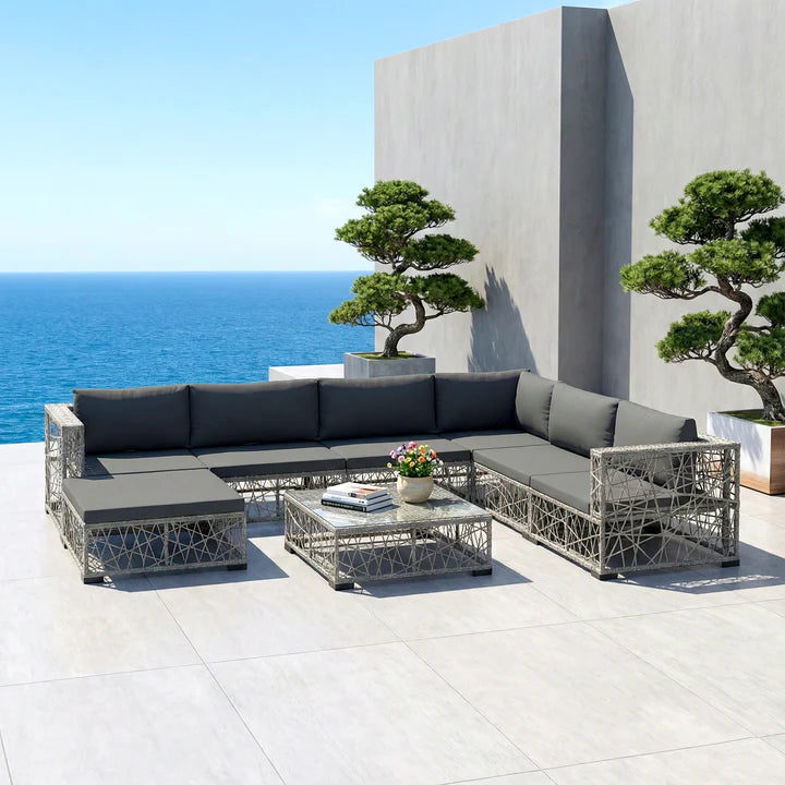 VIRASAT FURNITURE OUTDOOR ROPE SOFA SET 6-SEATER WITH OTTOMAN & CENTER TABLE (GREY) – BRAIDED GARDEN & BALCONY SET