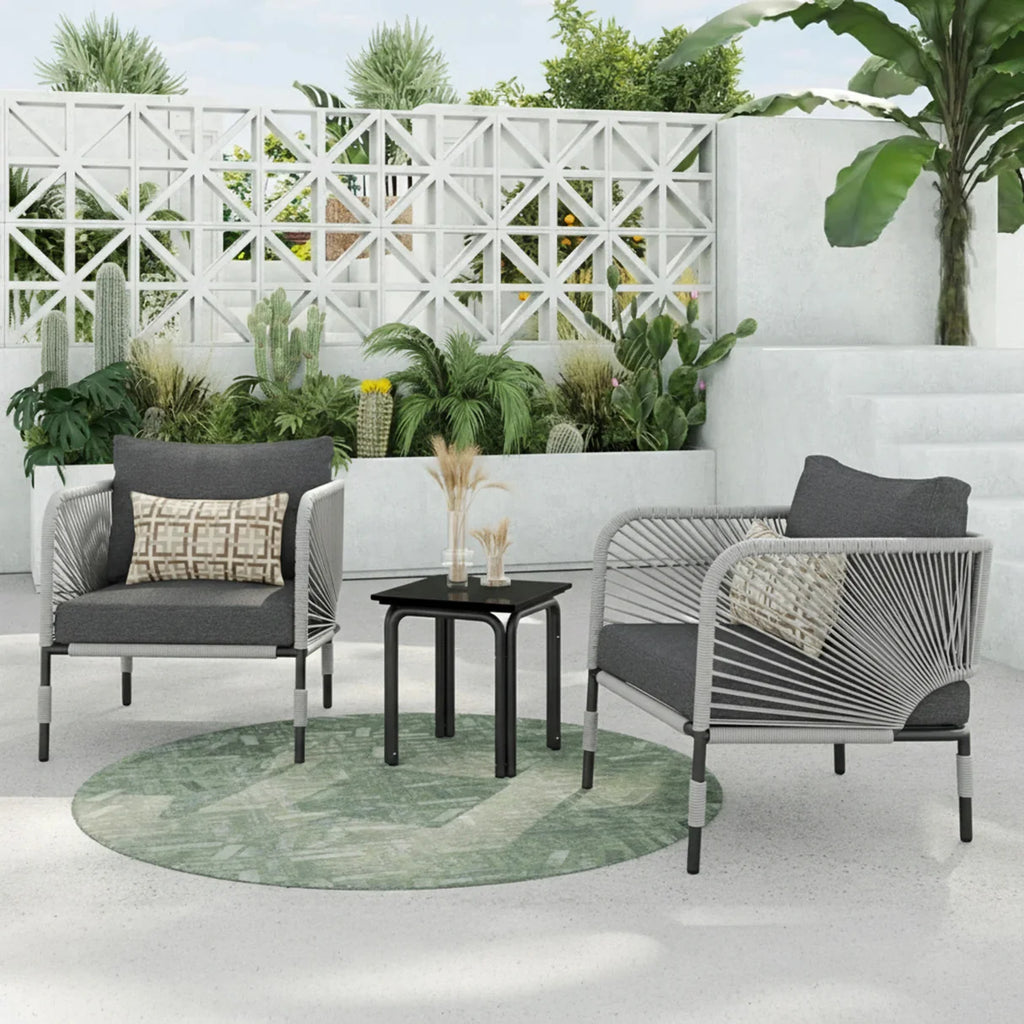 VIRASAT FURNITURE 3-Piece Outdoor Rope Patio Furniture Set with Cushions & Center Table – Beige