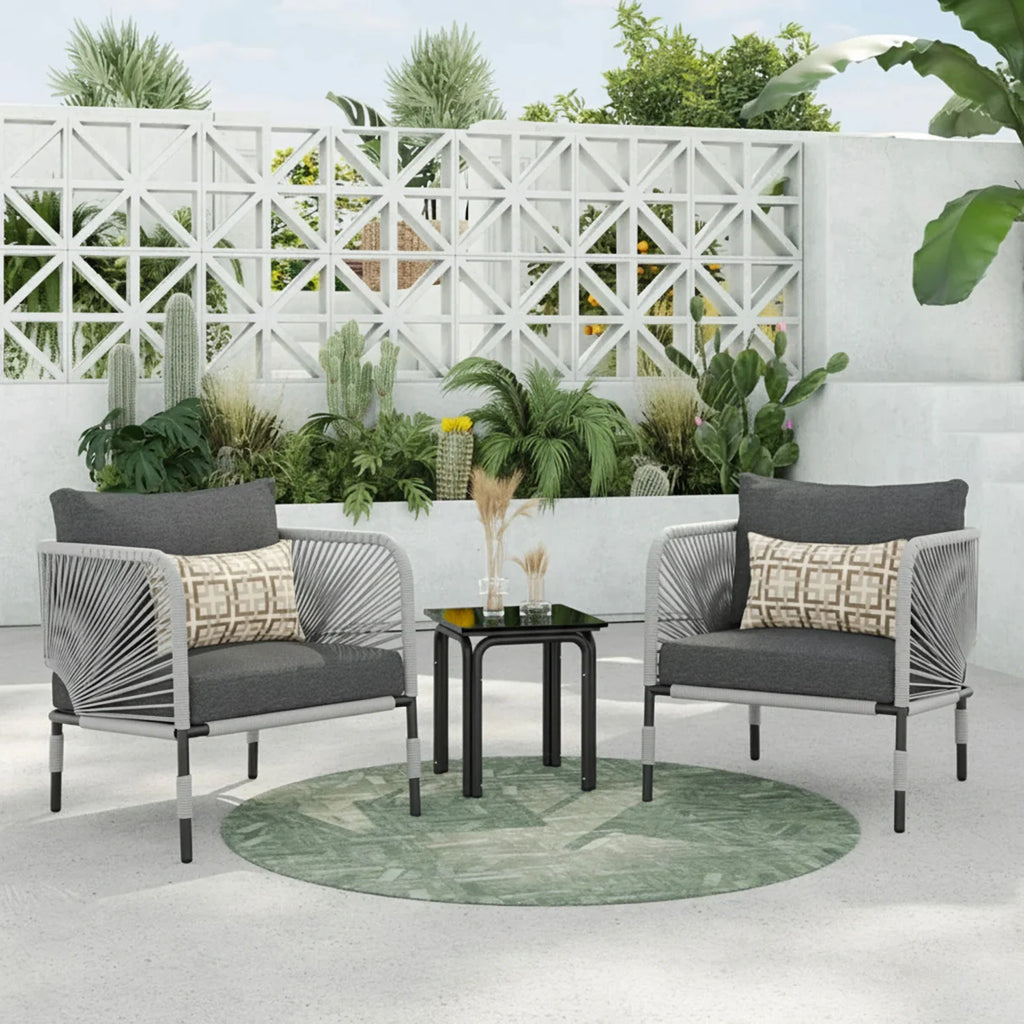 VIRASAT FURNITURE 3-Piece Outdoor Rope Patio Furniture Set with Cushions & Center Table – Beige