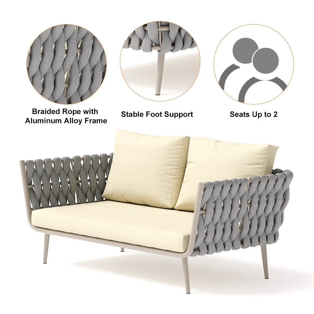 Virasat Outdoor Garden Balcony Sofa Set 2 Seater, 2 Single Seater and 1 Center Table Set, Braid & Rope (Beige + Grey)-VIRASAT FURNITURE & FURNISHING