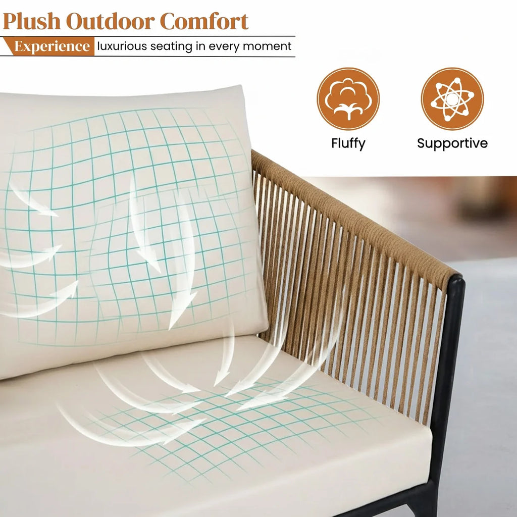 VIRASAT FURNITURE OUTDOOR ROPE PATIO SET WITH GLASS TOP TABLE (BEIGE & OFF-WHITE)