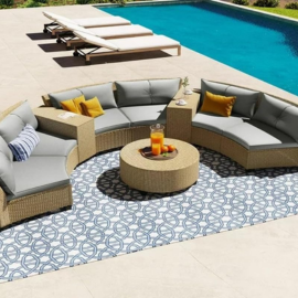 Virasat 8 Seater Half-Moon Outdoor Sofa Set | Rattan Wicker Patio Furniture India | Grey Cushion Garden Sofa – Free All India Delivery