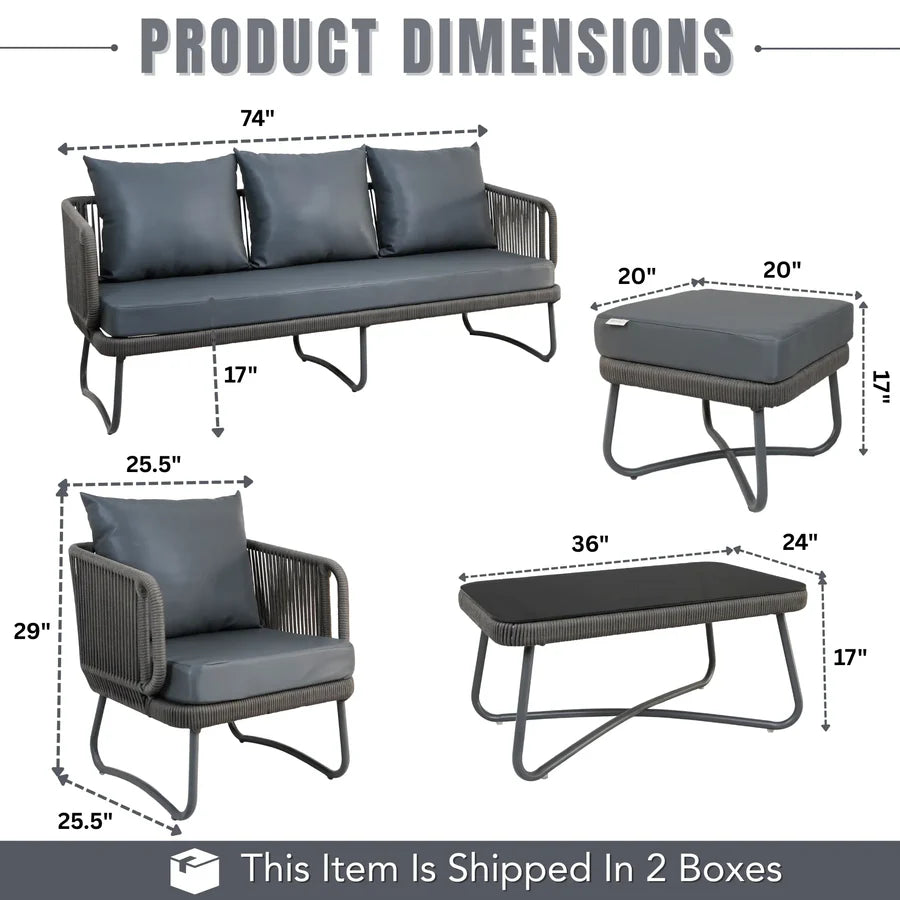 VIRASAT FURNITURE OUTDOOR ROPE 6-SEATER SOFA SET (GREY)