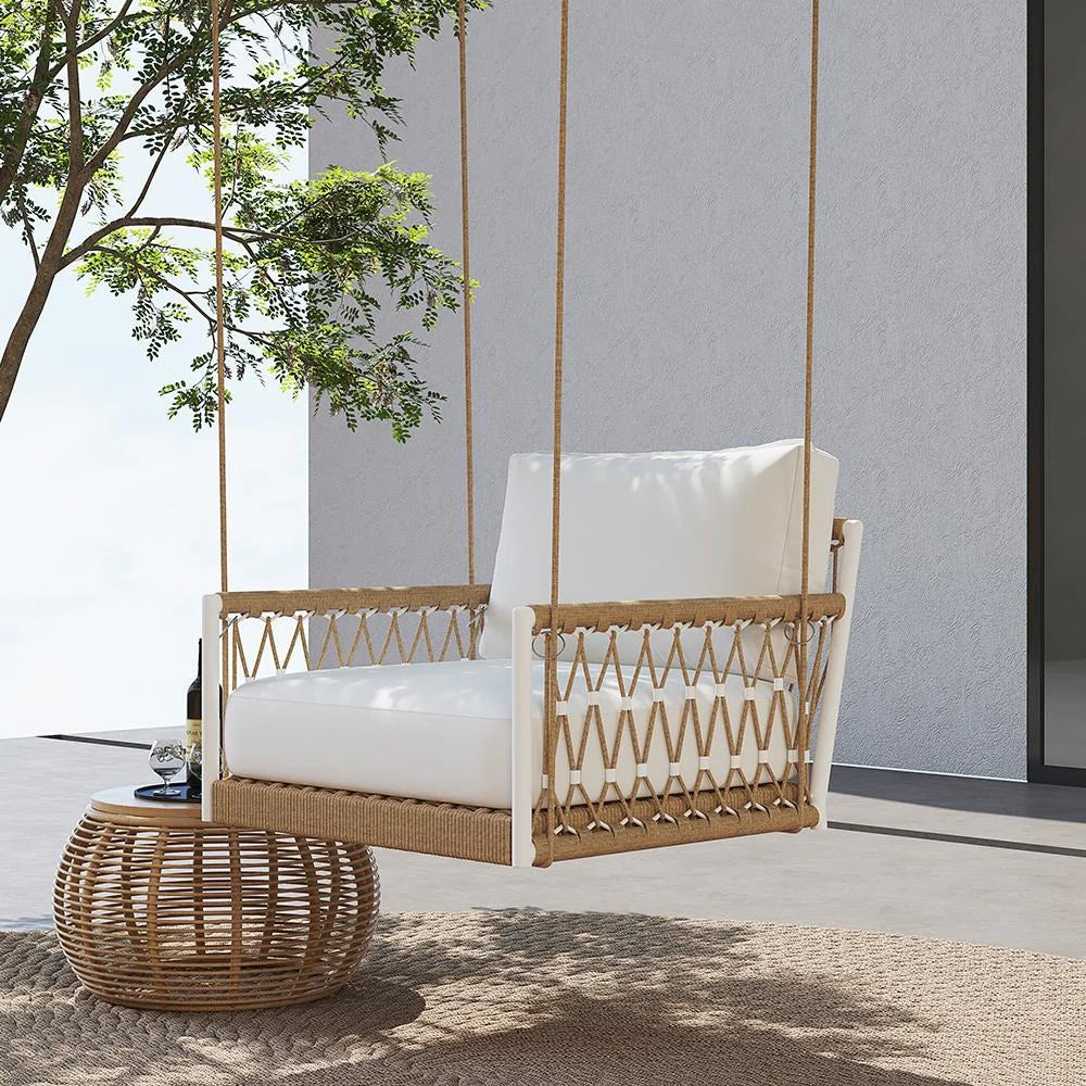 Virasat Single Seater Hanging Swing Without Stand For Balcony, Garden Swing (White + Tan) Braided & Rope-VIRASAT FURNITURE & FURNISHING
