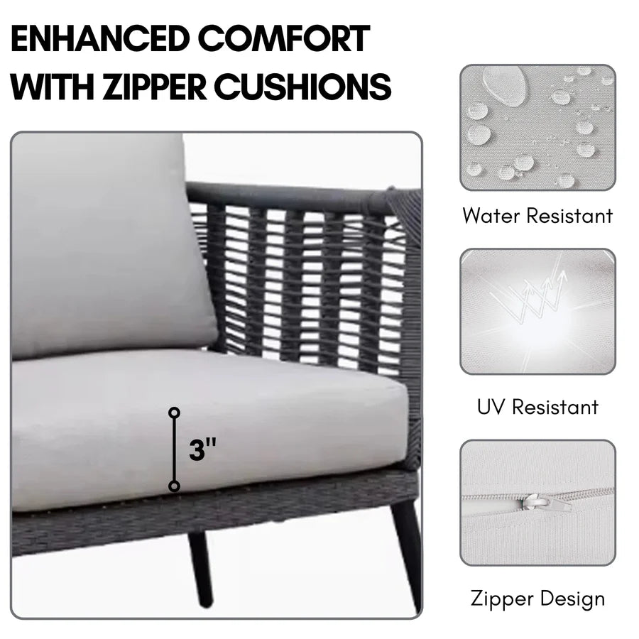 VIRASAT FURNITURE OUTDOOR GREY ROPE SOFA SET 7-SEATER WITH GLASS TOP CENTER TABLE