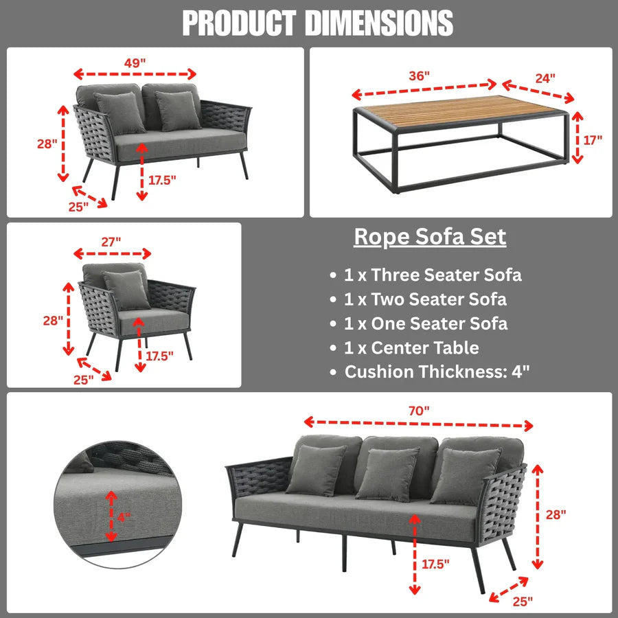 VIRASAT FURNITURE 4 PIECE OUTDOOR ROPE SOFA SET WITH WOODEN TOP TABLE (GREY)