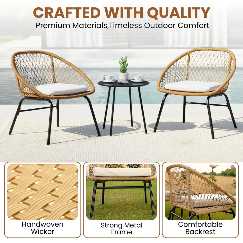VIRASAT FURNITURE Outdoor Wicker 3-Piece Patio Set (Beige & White)
