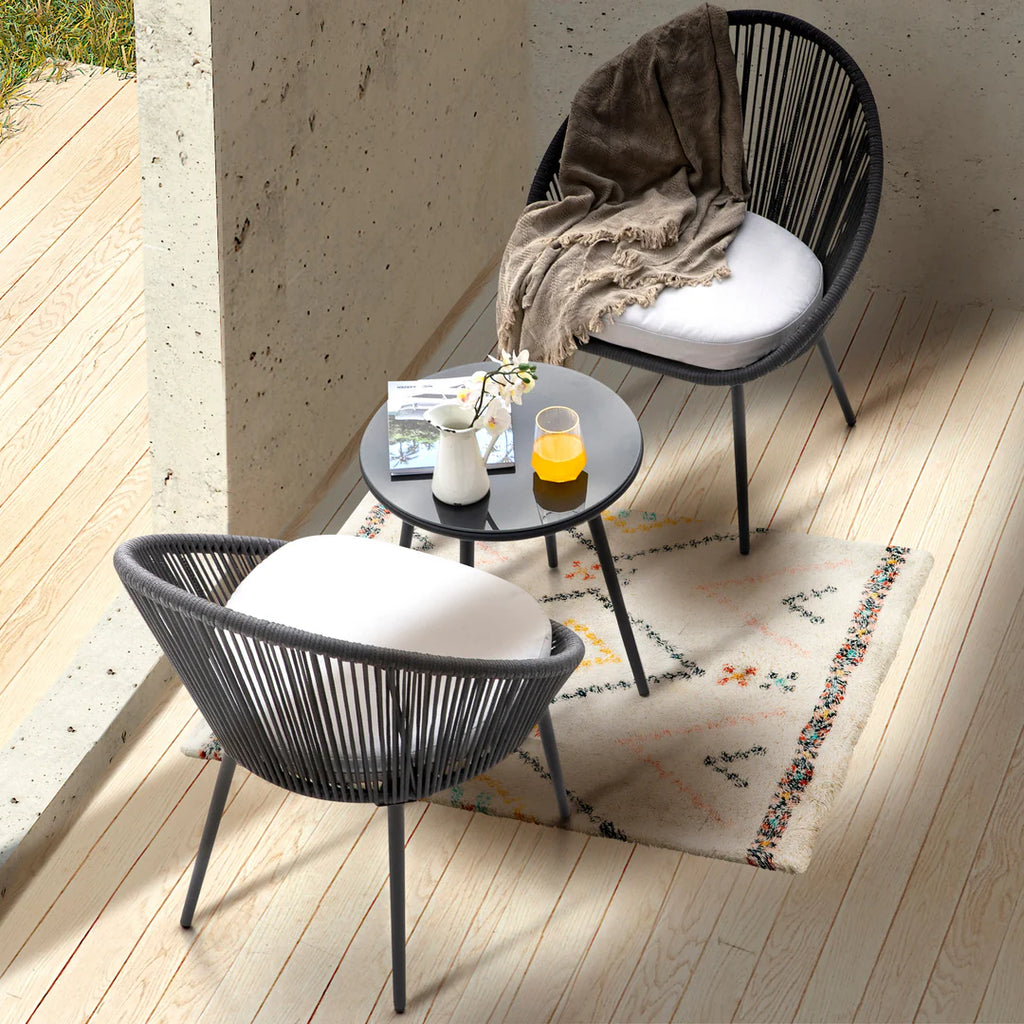 VIRASAT FURNITURE VOLTA OUTDOOR PATIO SEATING SET 2 CHAIRS AND 1 TABLE SET (BLACK) BRAIDED & ROPE