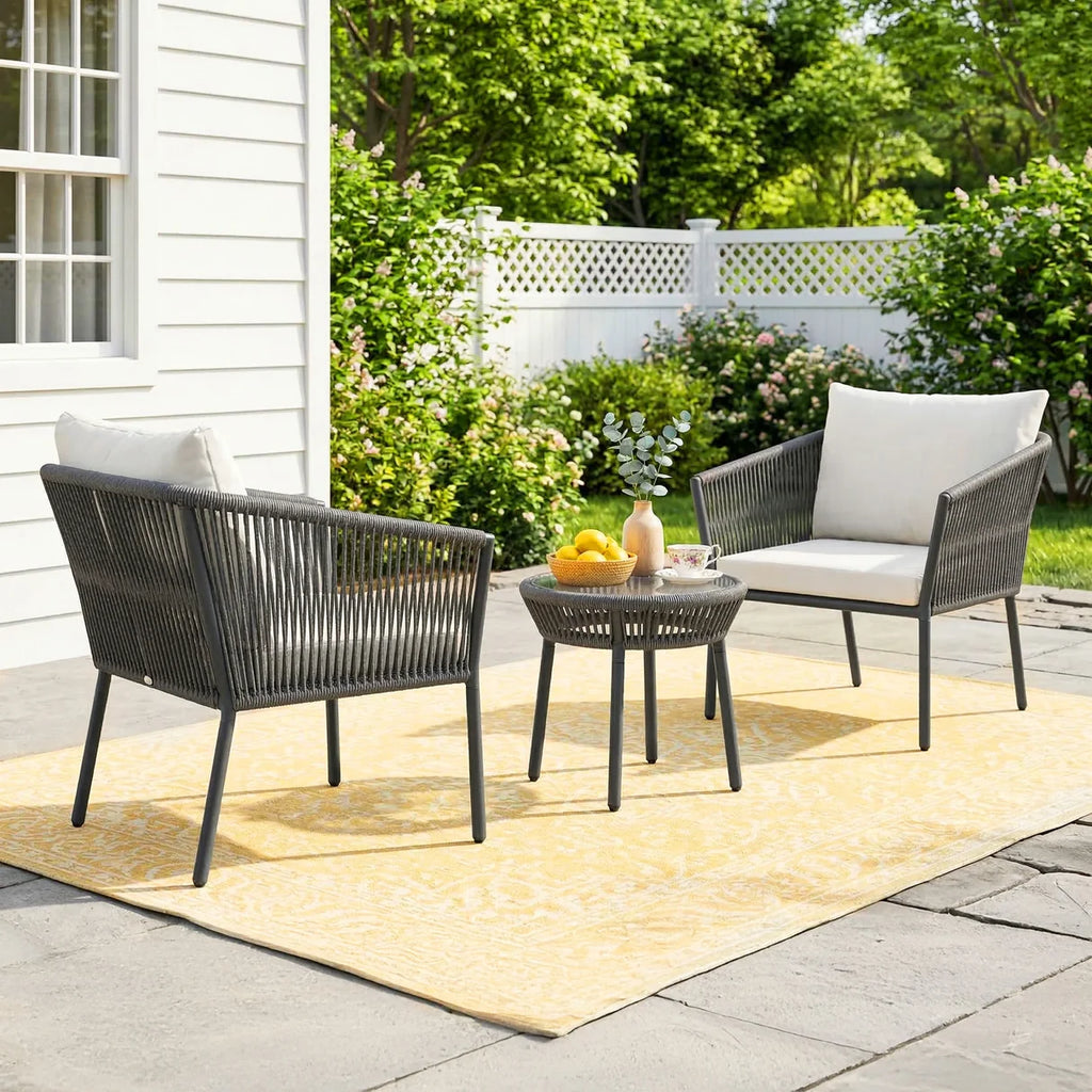 VIRASAT FURNITURE 3-PIECE ROPE PATIO SET – PERFECT FOR OUTDOOR ENTERTAINING (GREY &amp; WHITE)