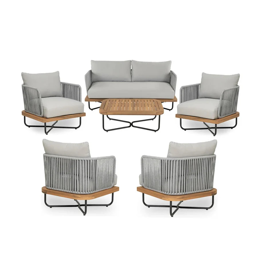 VIRASAT FURNITURE OUTDOOR 6-PIECE ROPE WOVEN CONVERSATION SOFA SET WITH WOODEN TOP TABLE (GREY)