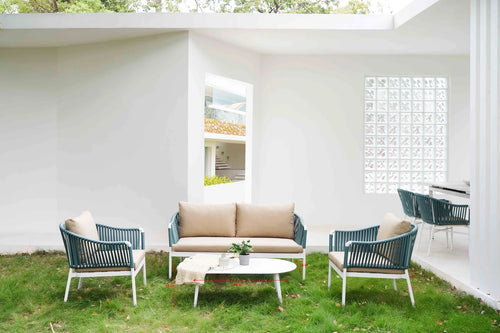 Virasat Outdoor Garden Balcony Sofa Set 2 Seater, 2 Single Seater and 1 Center Table Set, Braid & Rope (White + Blue)-VIRASAT FURNITURE & FURNISHING