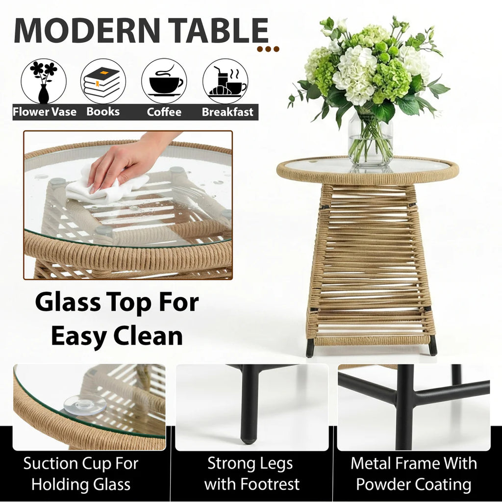 VIRASAT FURNITURE VARQO OUTDOOR PATIO SEATING SET 2 CHAIRS AND 1 TABLE SET (CREAM) BRAIDED & ROPE
