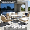 VIRASAT FURNITURE OUTDOOR ROPE SOFA SET 6-SEATER WITH OTTOMAN & CENTER TABLE (TAN) - BRAIDED ROPE PATIO SET