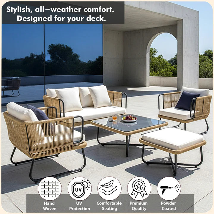 VIRASAT FURNITURE OUTDOOR ROPE SOFA SET 6-SEATER WITH OTTOMAN & CENTER TABLE (TAN) - BRAIDED ROPE PATIO SET