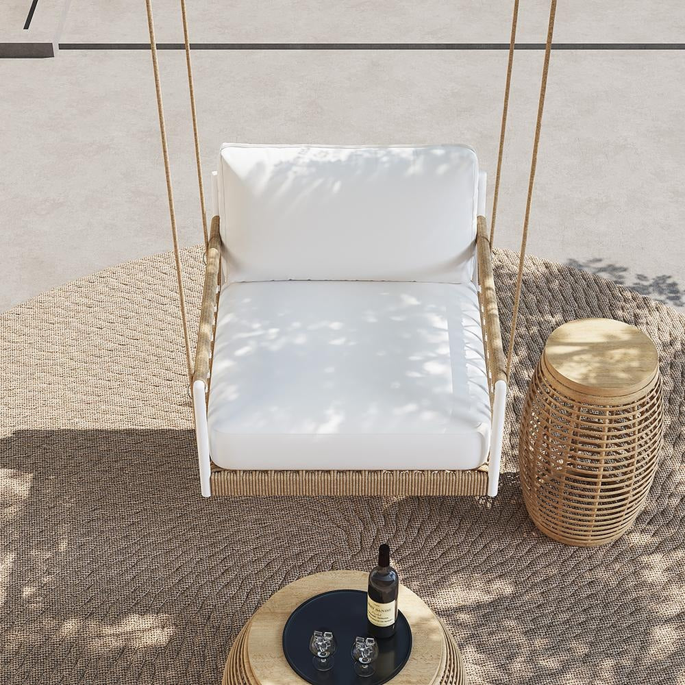VIRASAT FURNITURE ULEK SINGLE SEATER HANGING SWING WITHOUT STAND FOR BALCONY & GARDEN SWING (WHITE + TAN) BRAIDED & ROPE