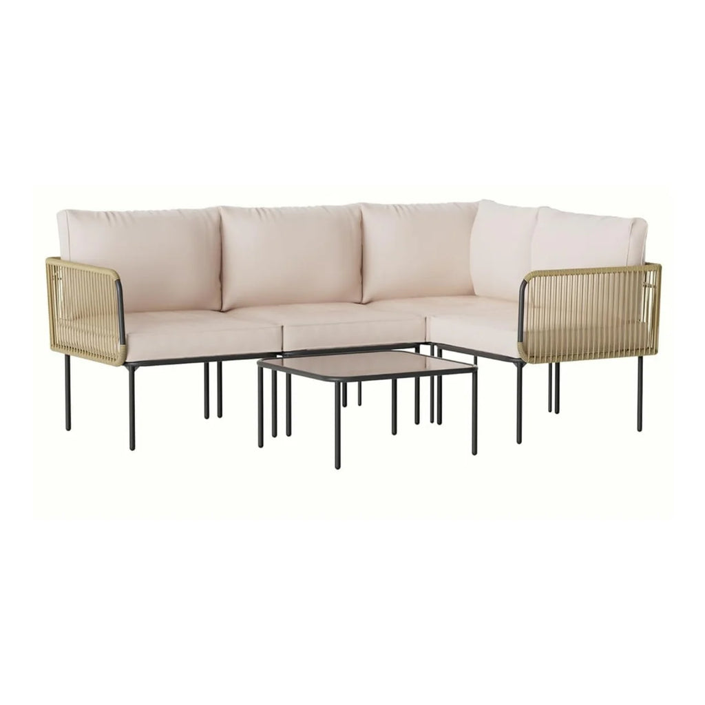VIRASAT FURNITURE 5 SEATER L-SHAPE OUTDOOR ROPE SOFA SET (BEIGE & CREAM)
