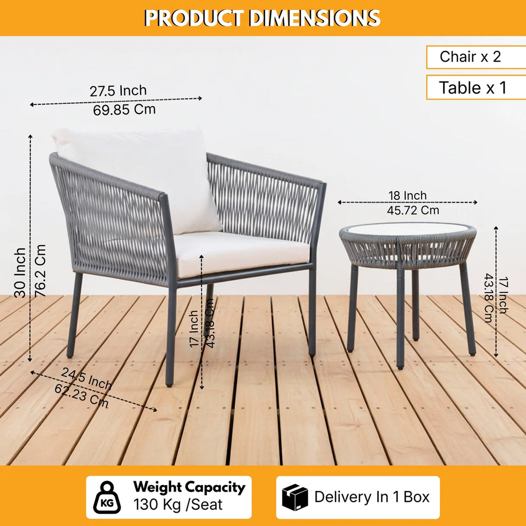 VIRASAT FURNITURE 3-PIECE ROPE PATIO SET – PERFECT FOR OUTDOOR ENTERTAINING (GREY &amp; WHITE)