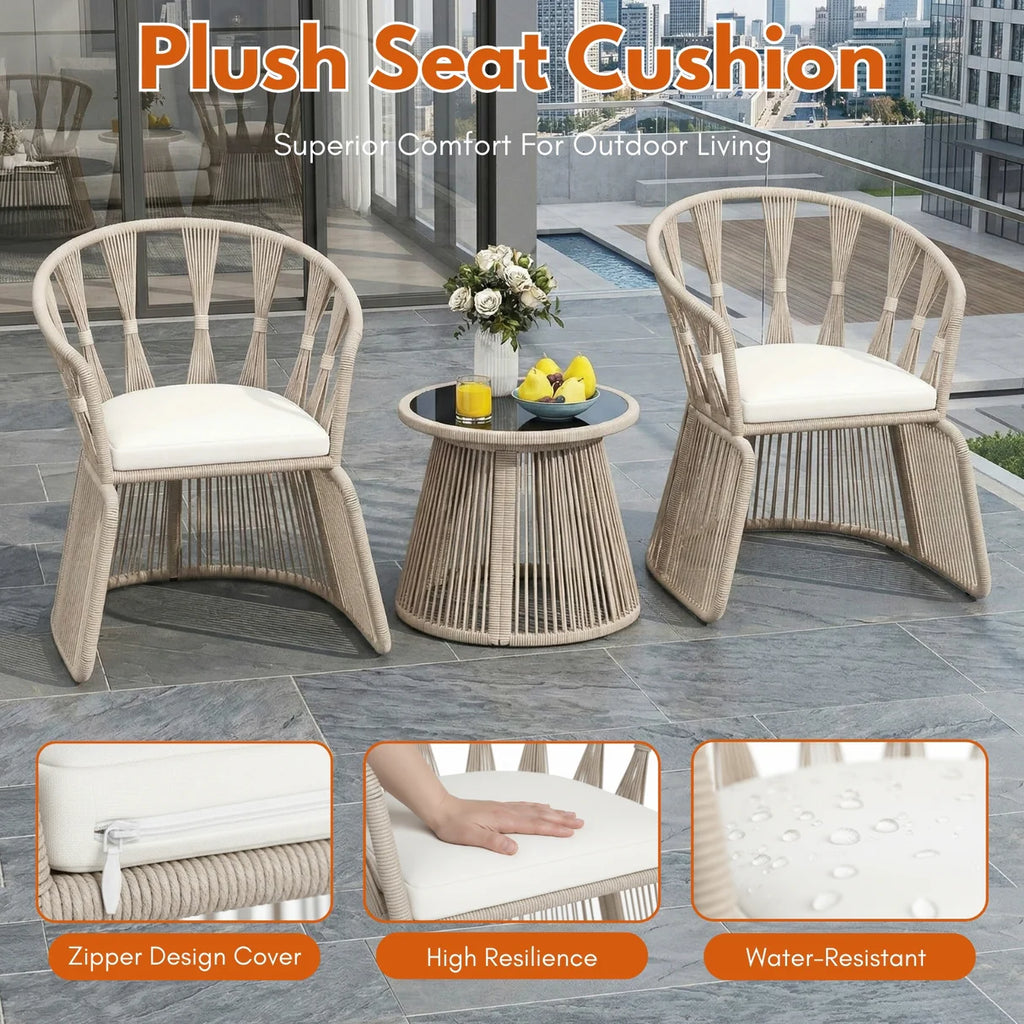 VIRASAT FURNITURE Outdoor Rope 3-Piece Patio Set (Beige & Off-White)