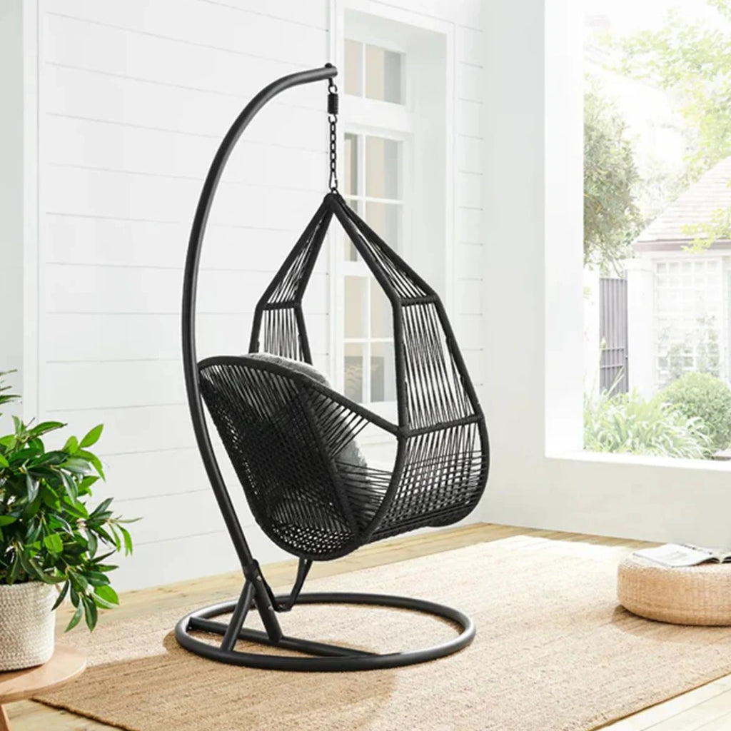 Virasat Single Seater Hanging Swing With Stand For Balcony, Garden (Black) Braided & Rope-VIRASAT FURNITURE & FURNISHING