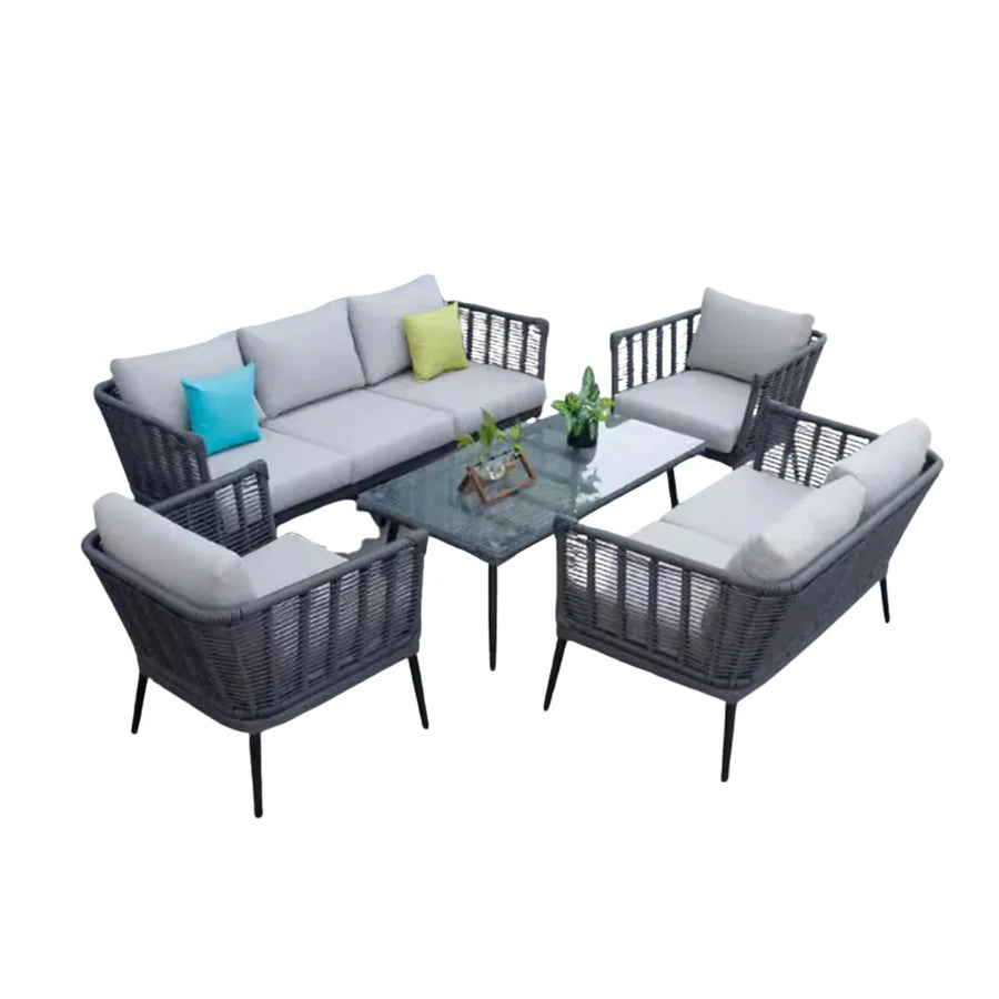 VIRASAT FURNITURE OUTDOOR GREY ROPE SOFA SET 7-SEATER WITH GLASS TOP CENTER TABLE