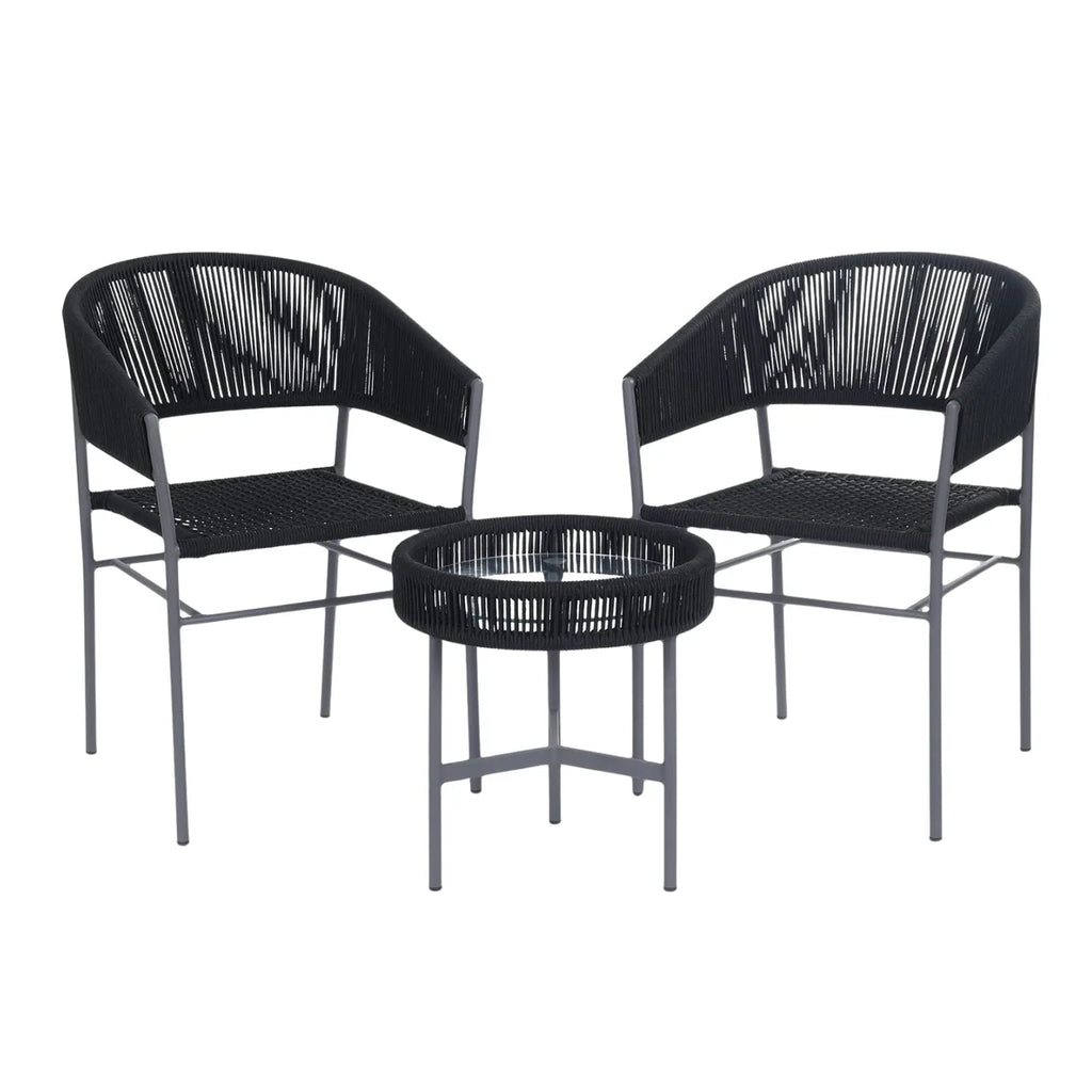 VIRASAT FURNITURE 3-Piece Black Rope Outdoor Patio Set with Cushions & Center Table