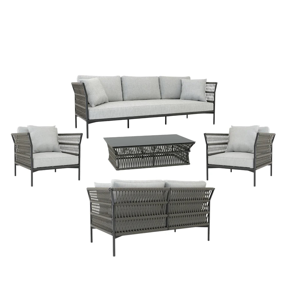 VIRASAT FURNITURE OUTDOOR ROPE SOFA SET 7-SEATER WITH GLASS TOP CENTER TABLE (GREY/BEIGE)