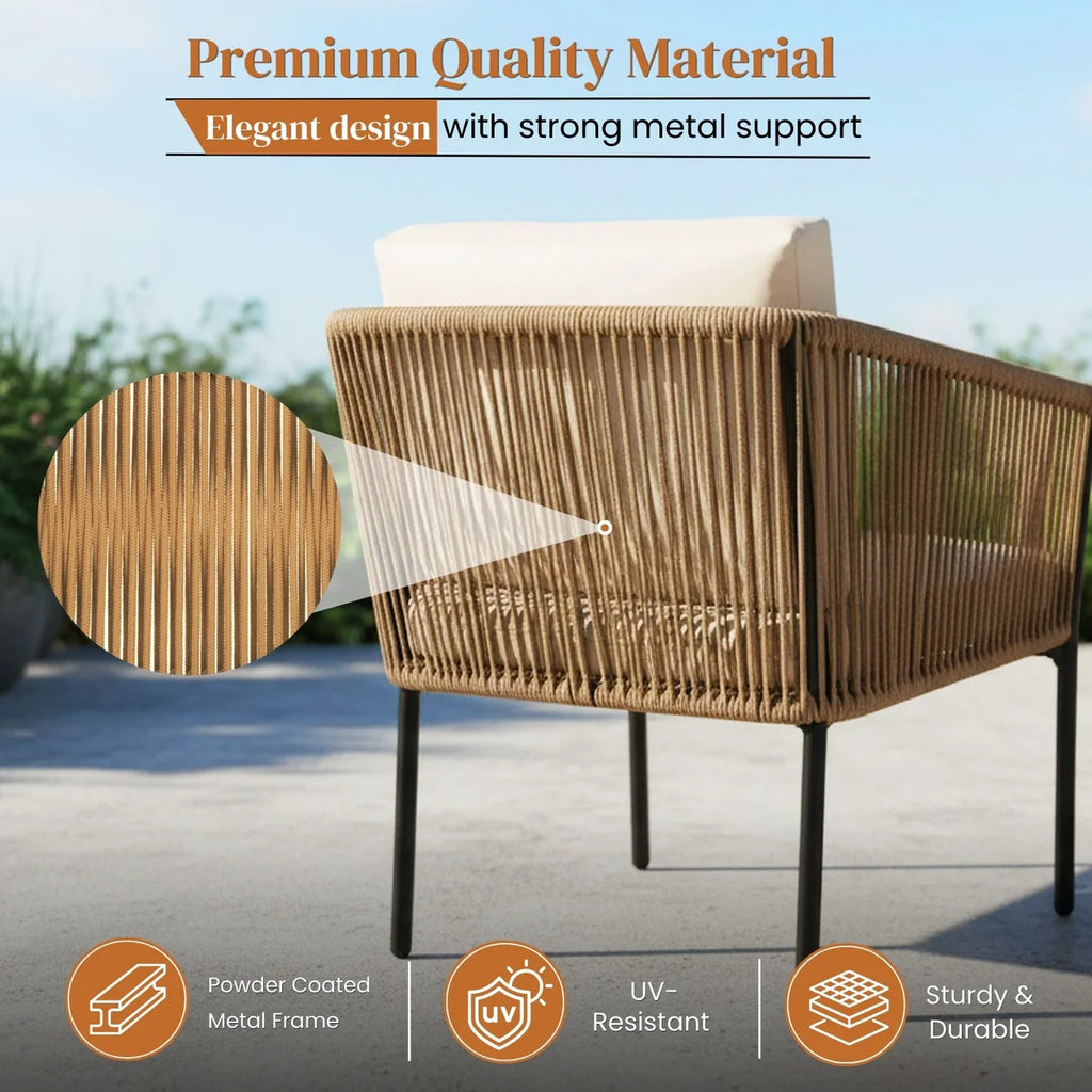 VIRASAT FURNITURE OUTDOOR ROPE PATIO SET WITH GLASS TOP TABLE (BEIGE & OFF-WHITE)