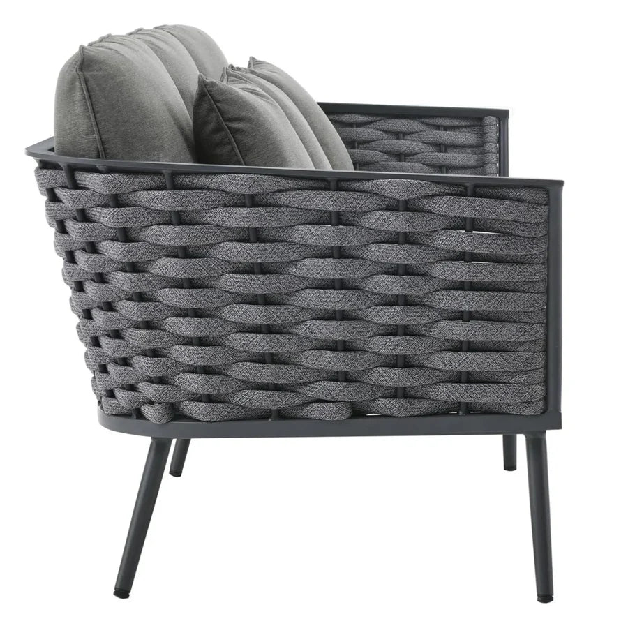 VIRASAT FURNITURE 4 PIECE OUTDOOR ROPE SOFA SET WITH WOODEN TOP TABLE (GREY)