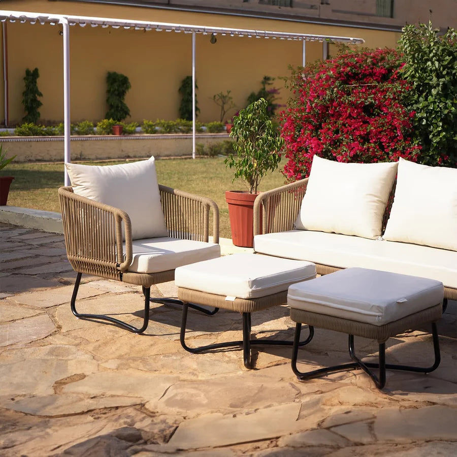 VIRASAT FURNITURE OUTDOOR ROPE SOFA SET 7-SEATER WITH OTTOMANS (BEIGE & OFF-WHITE)