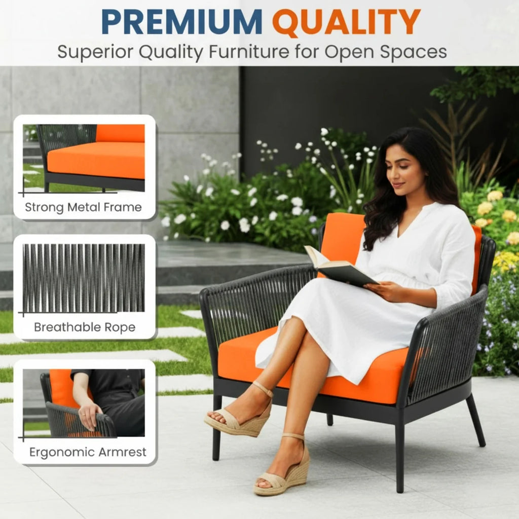 VIRASAT FURNITURE Outdoor 3-Piece All-Weather Rope Patio Set with Orange Cushions & Center Table