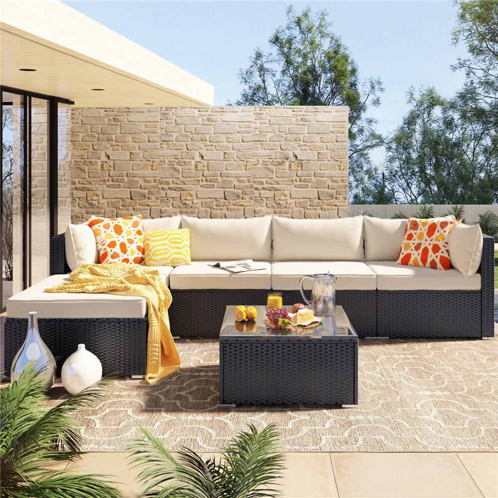 Virasat Ollie Outdoor Patio Sofa Set 4 Seater and 1 Table With 1 Ottoman Set (Black + Cream)